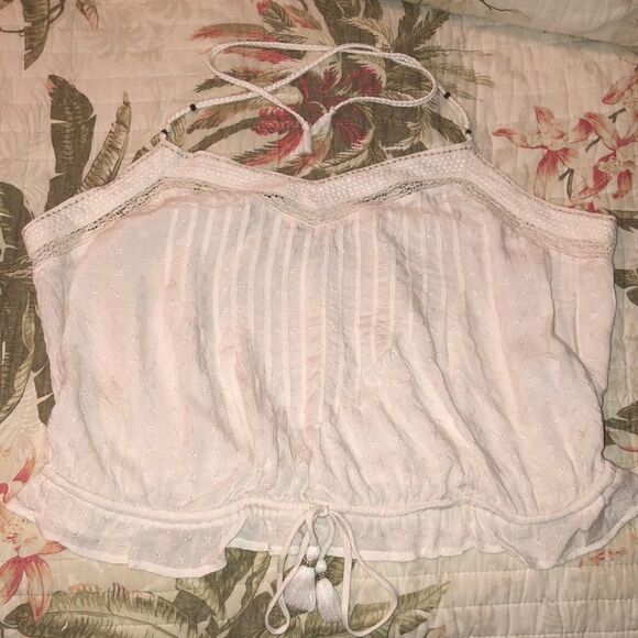 AE L Lace Halter Ruffled Crop Top Beaded Tassels - Picture 1 of 12